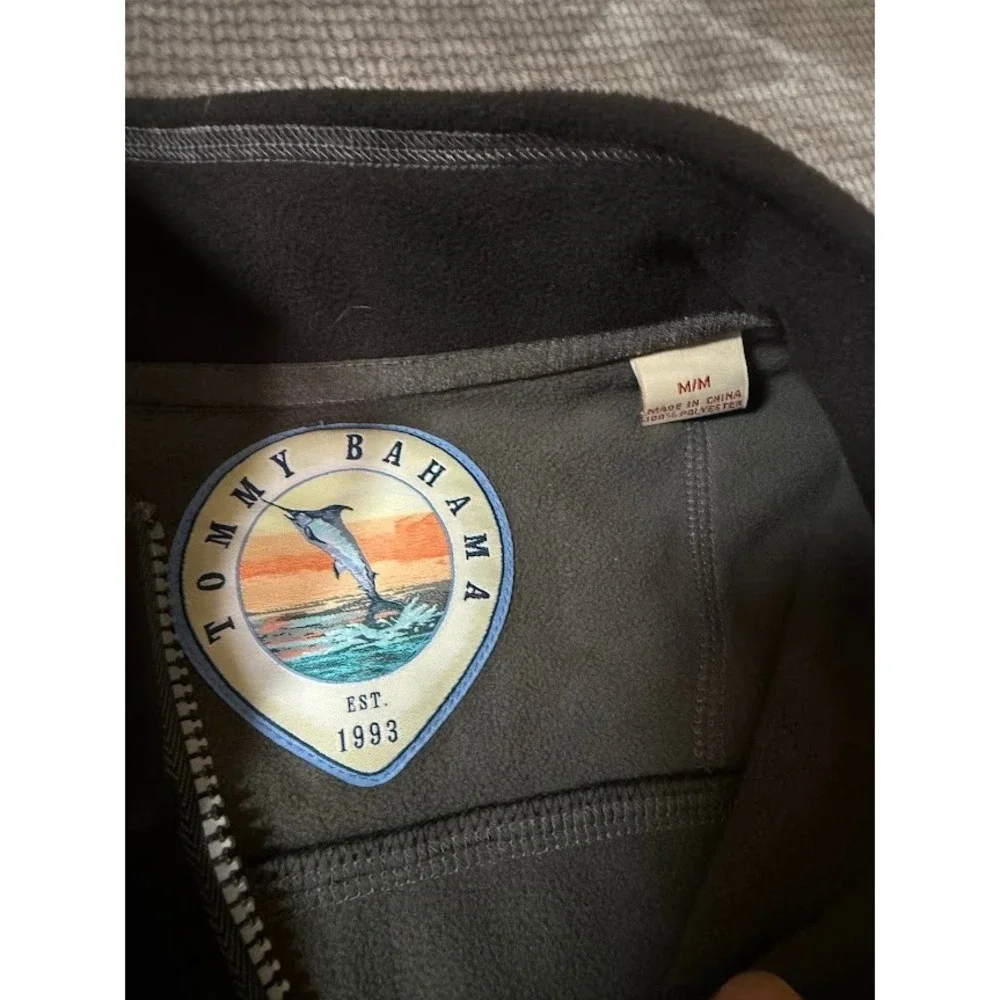 Tommy Bahama Mens Black Full Zip Fleece Jacket Mock Neck Grey Trim Size M